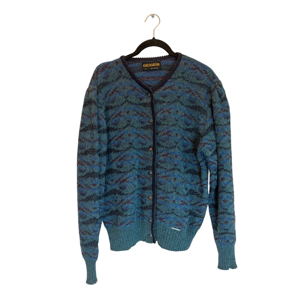 Geiger Austria Wool Mohair Blend Cardigan Sweater Teal Blue Multi Knit Size 38